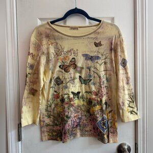 Vintage Y2K Studio Gem 3/4 Sleeve Butterfly Rhinestone Top Size Large